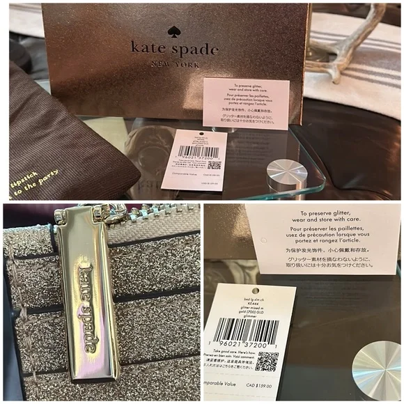 Authentic ♠️ Kate Spade NY Large Slim Cardholder in Glitter Mixed Mitten Pink